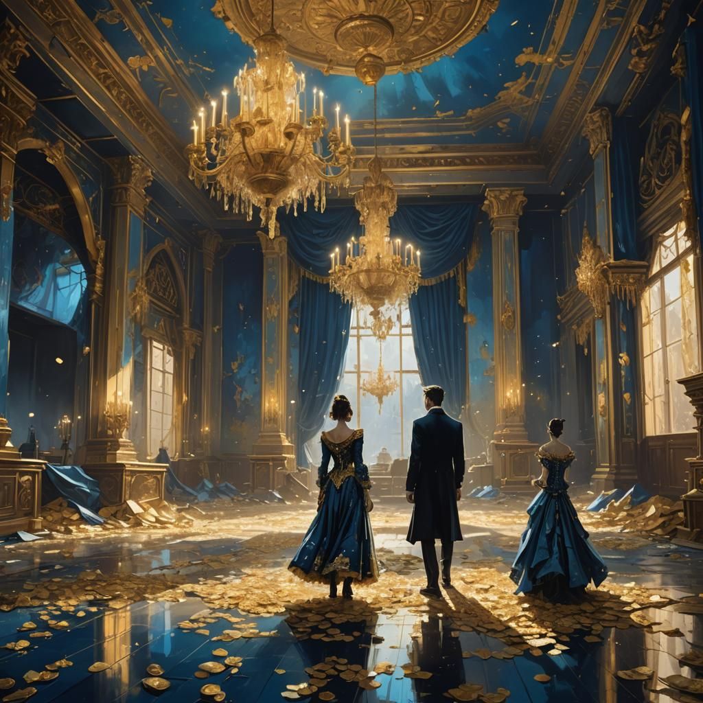 Lonely Splendor: Richly Dressed Figure in Abandoned Ballroom