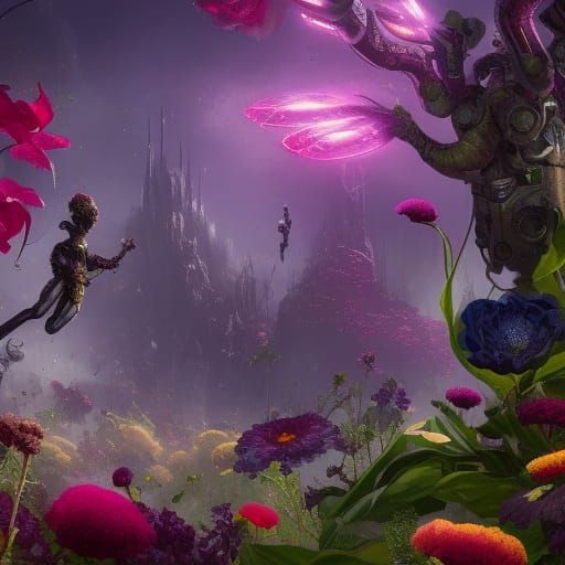 Cyborg and Flowers: Detailed Matte Painting