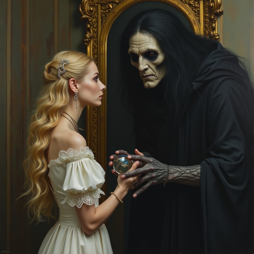 Surreal Woman in White Gaze of Reflection with Dark Shadow F...