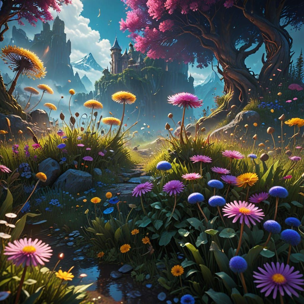 Whimsical 3D Anime Dandelion Meadow
