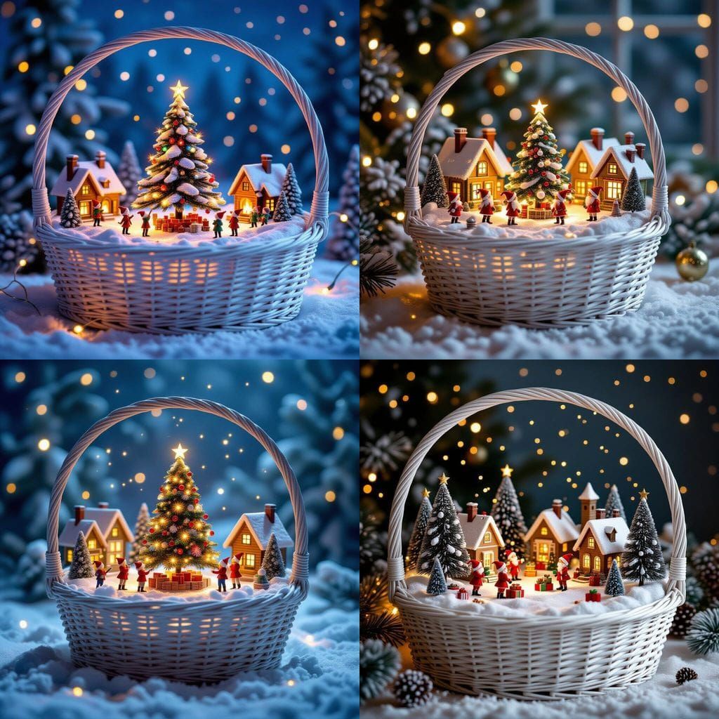 Christmas Village Diorama in White Wicker Basket