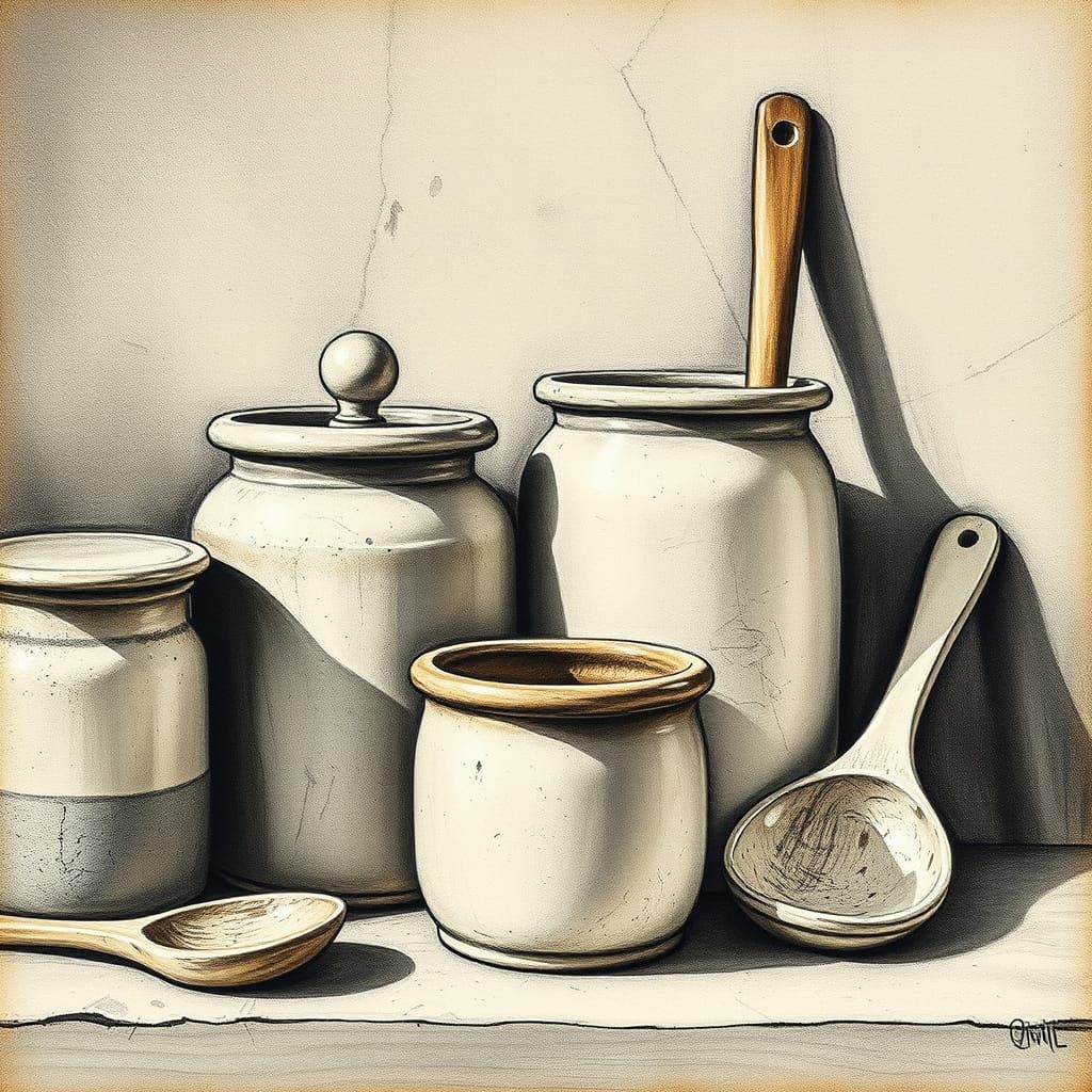 Charcoal Still Life of Kitchenware in Morandi Style