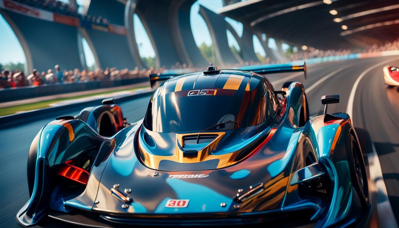 Race Car on Curved Track in Oil Painting Style