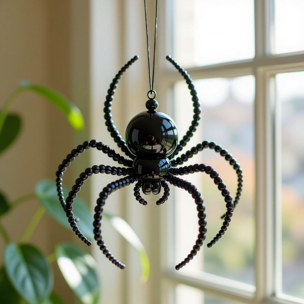 Big Black Bead Spider on Philodendron in Sunlight