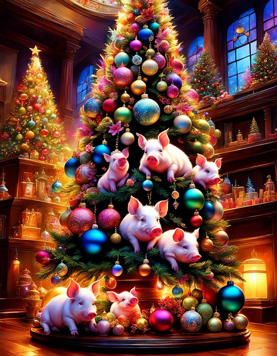 Christmas Tree with Pig Ornaments in Watercolor Style