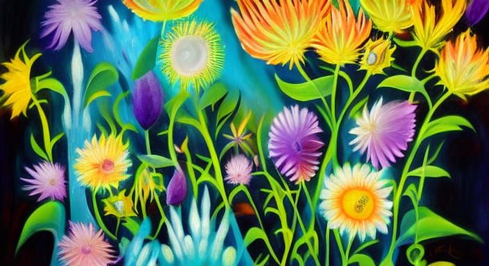 Surreal Meadow with Ethereal Creatures and Vibrant Flowers