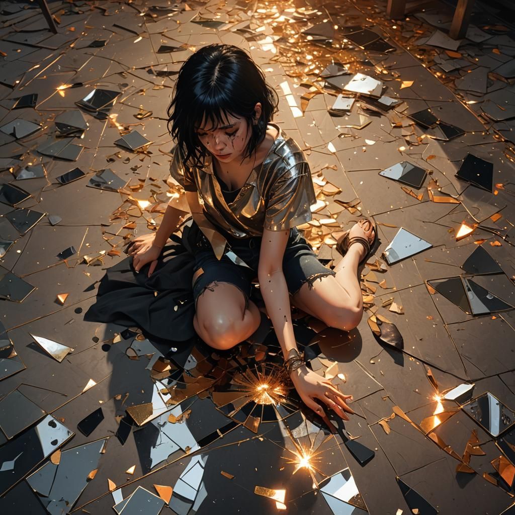 Dark Fantasy Girl with Golden Thread in Shattered Mirror