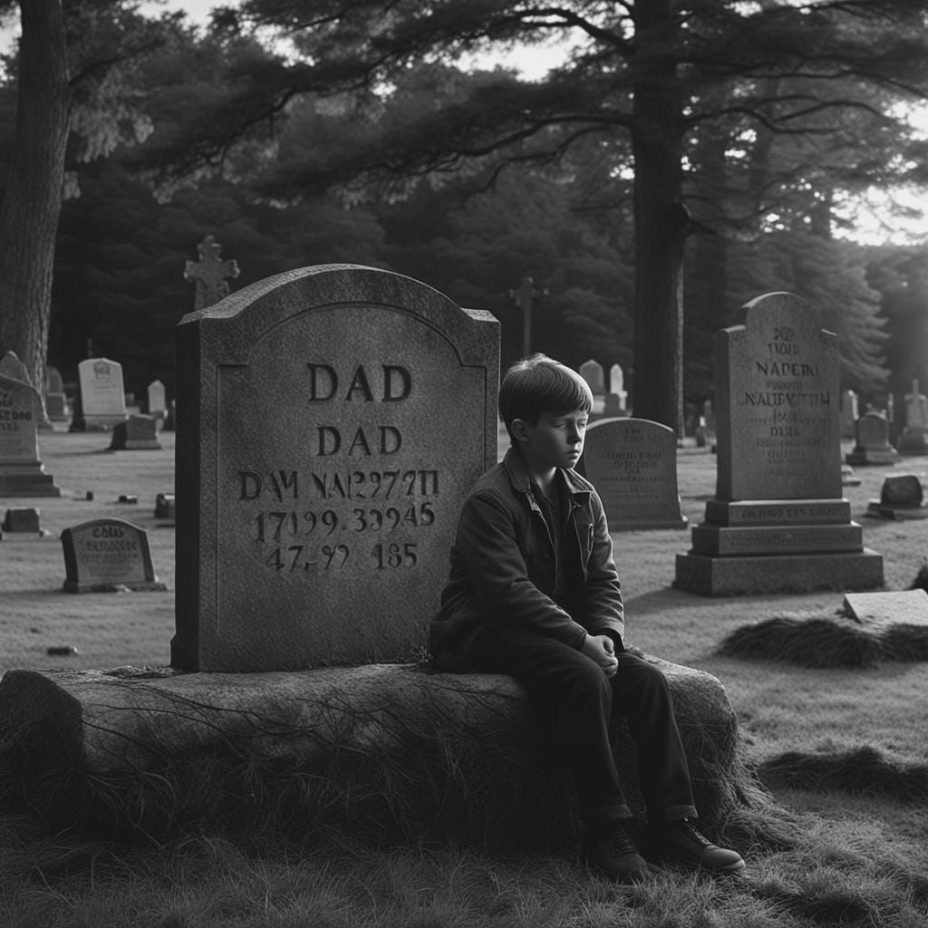 Boy and Gravestone in Cemetery: 4K Resolution