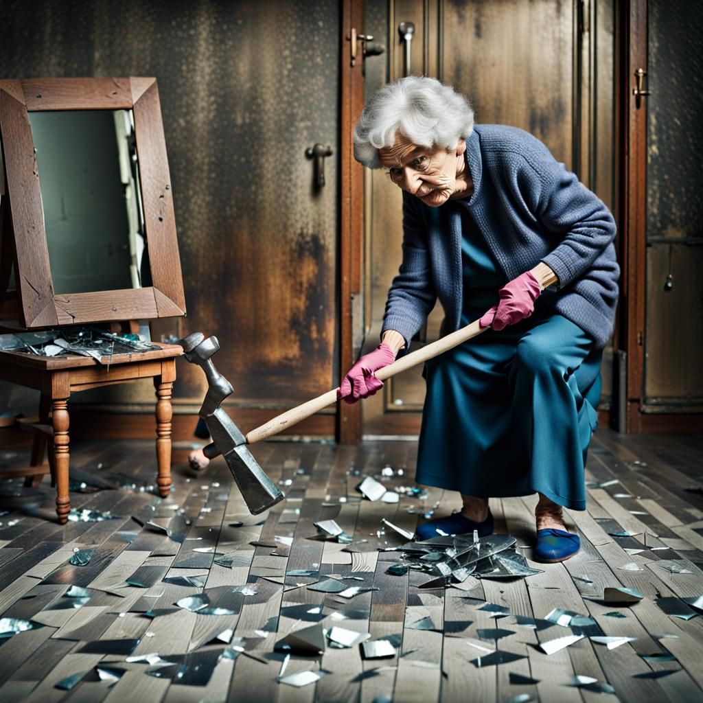 Old Woman Breaks Mirror with Hammer