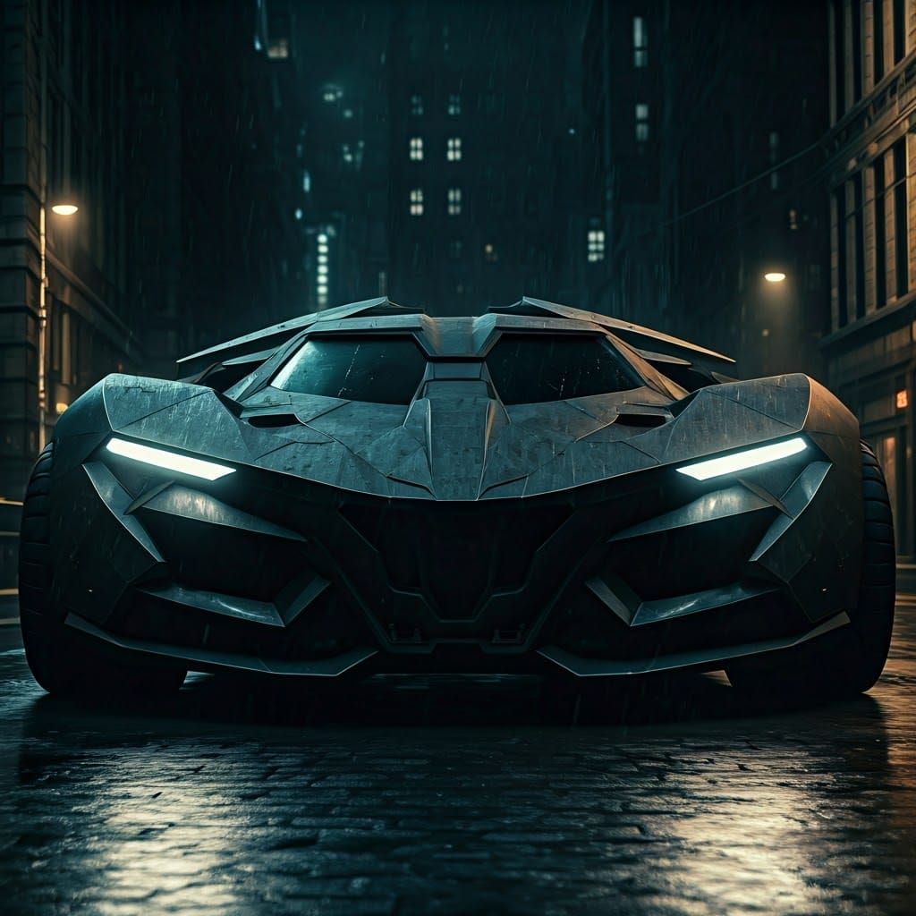 The Batman's Batmobile in Rain-Soaked Gotham