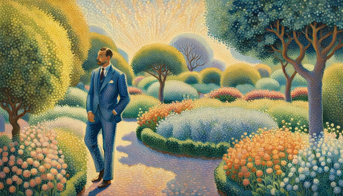 Pointillist Man in Sunlit Garden