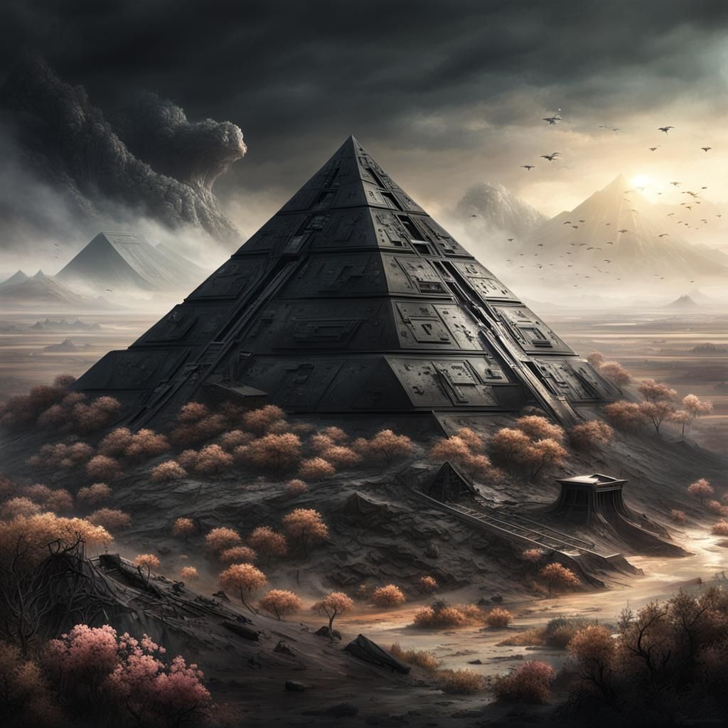 Futuristic Black Pyramid in Wasteland: Digital Matte Paintin...