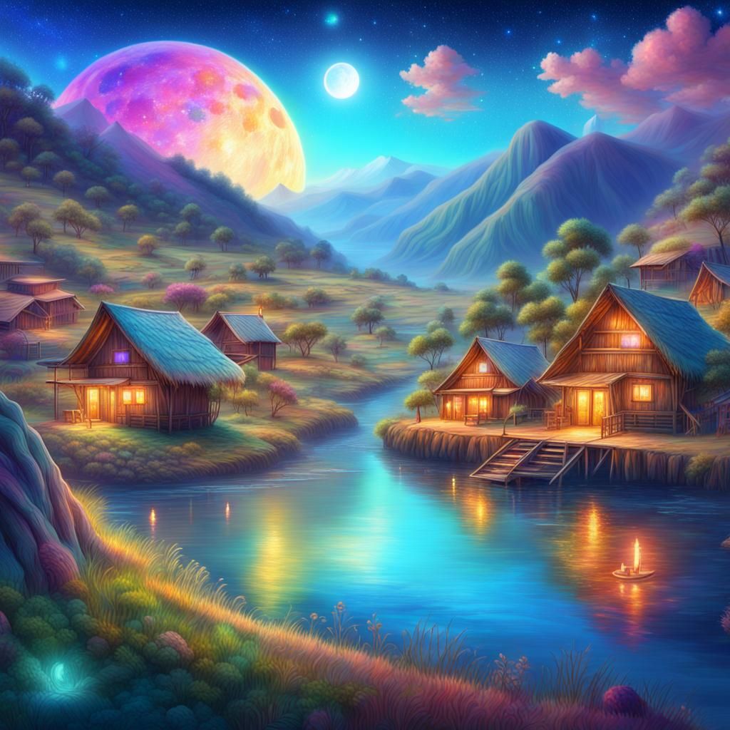 Cosmic Village on Riverbank in Astral Illustration