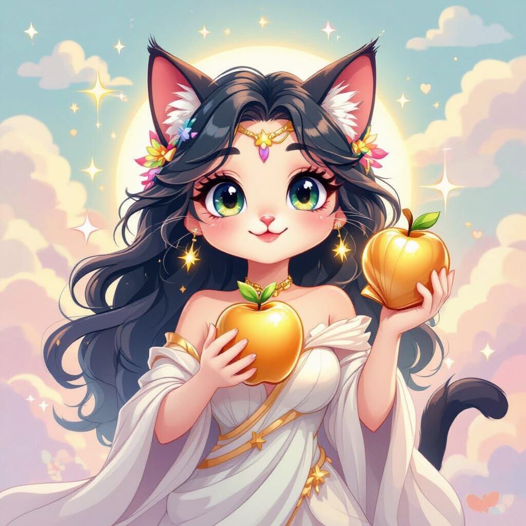 Cute Cat Aphrodite Holding Golden Apple and Seashell in Comi...