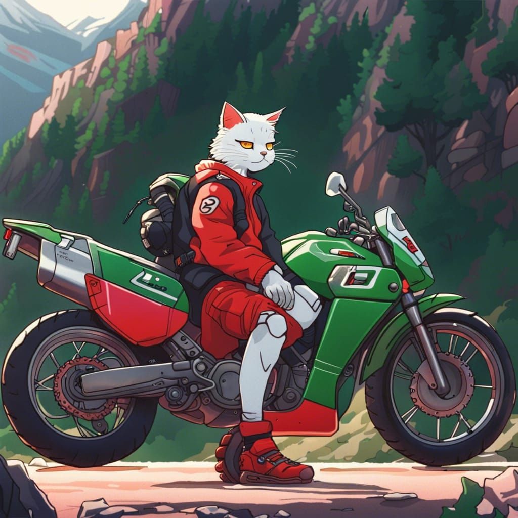 Anime Lofi Cat with Cyberpunk Motorbike