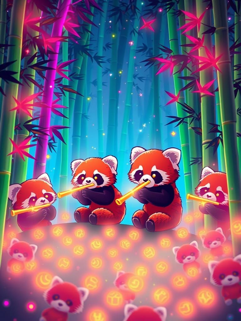 Red Pandas Play Flutes in Neon Bamboo Forest