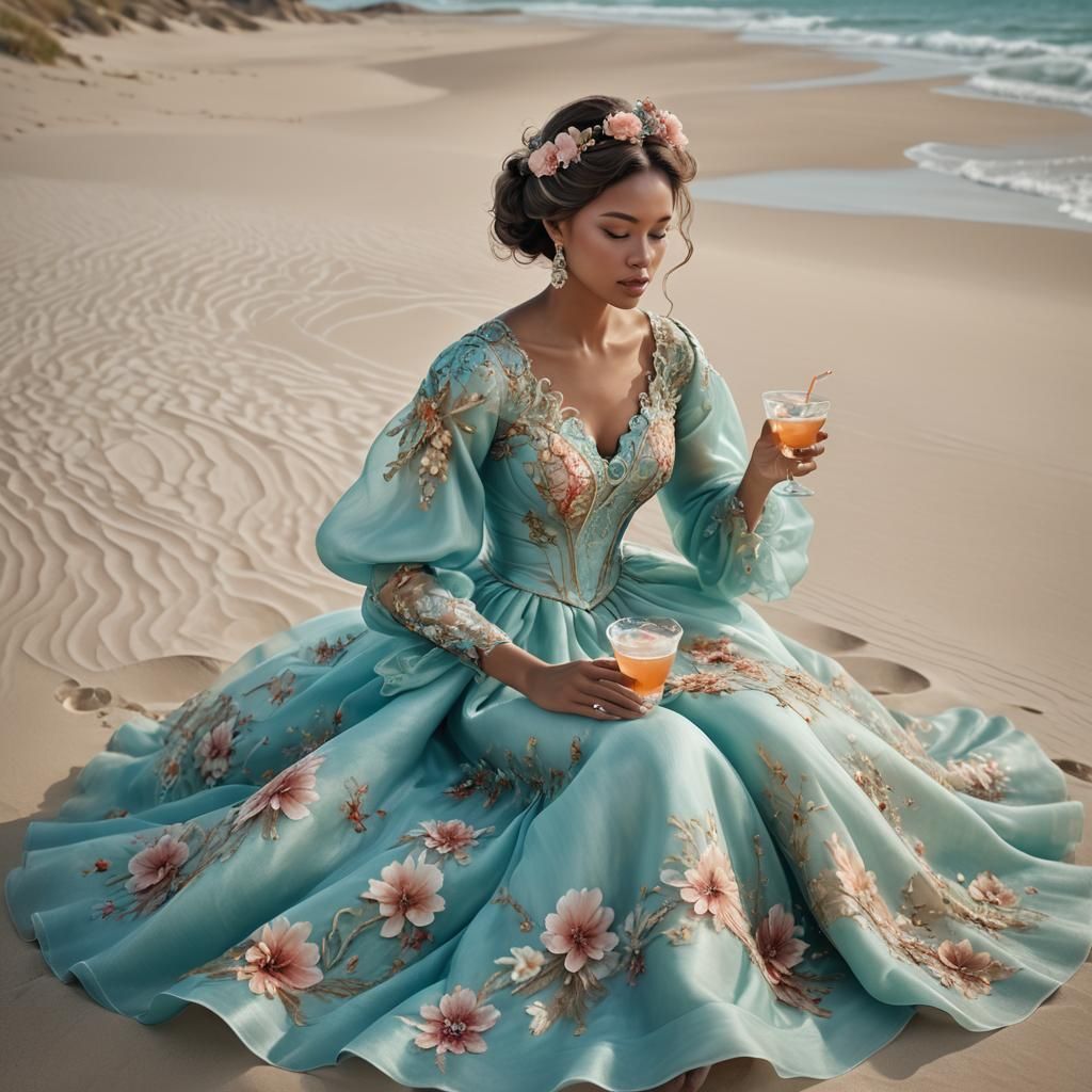 Elegant Woman on Beach in Pastel Fantasy Art