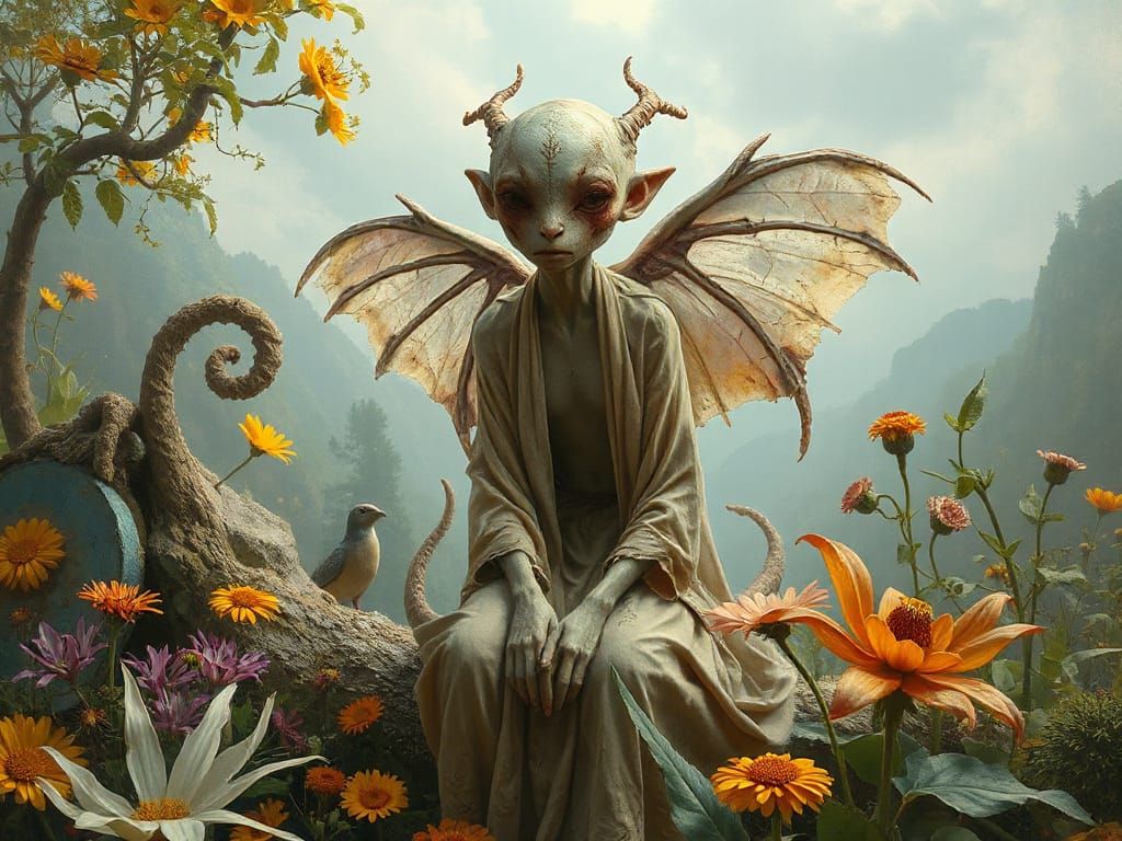 Ethereal Humanoid in Mystical Garden: Hyperrealistic Portrai...