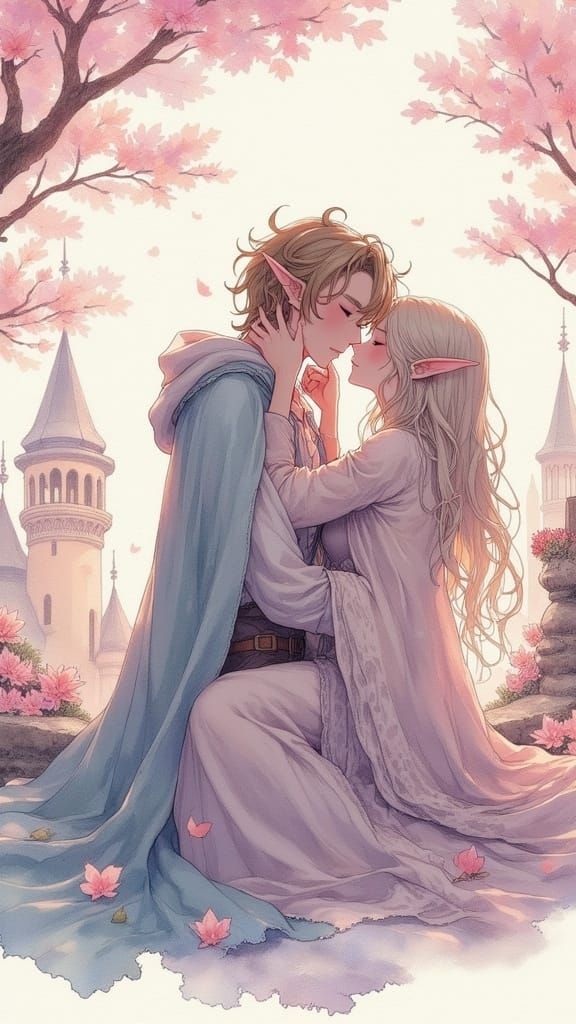 Elf and Man Embrace in Watercolor Anime Style