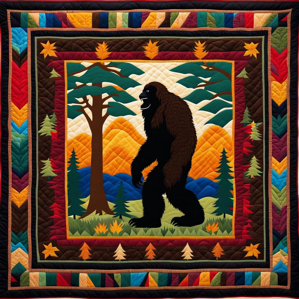Bigfoot in Woods: Antique Quilt Fabric Art
