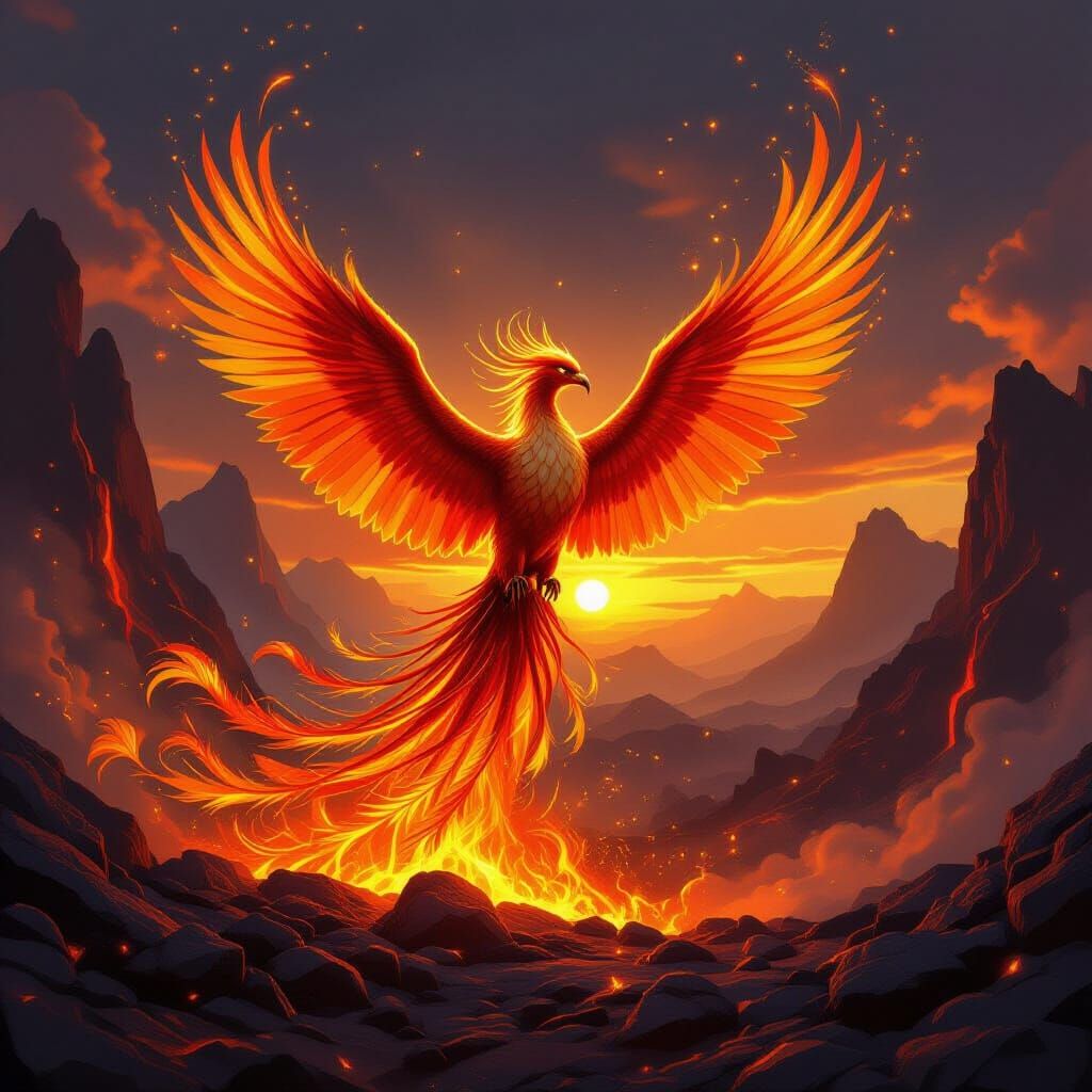 Majestic Phoenix Rises From Fiery Landscape in Epic Fantasy ...