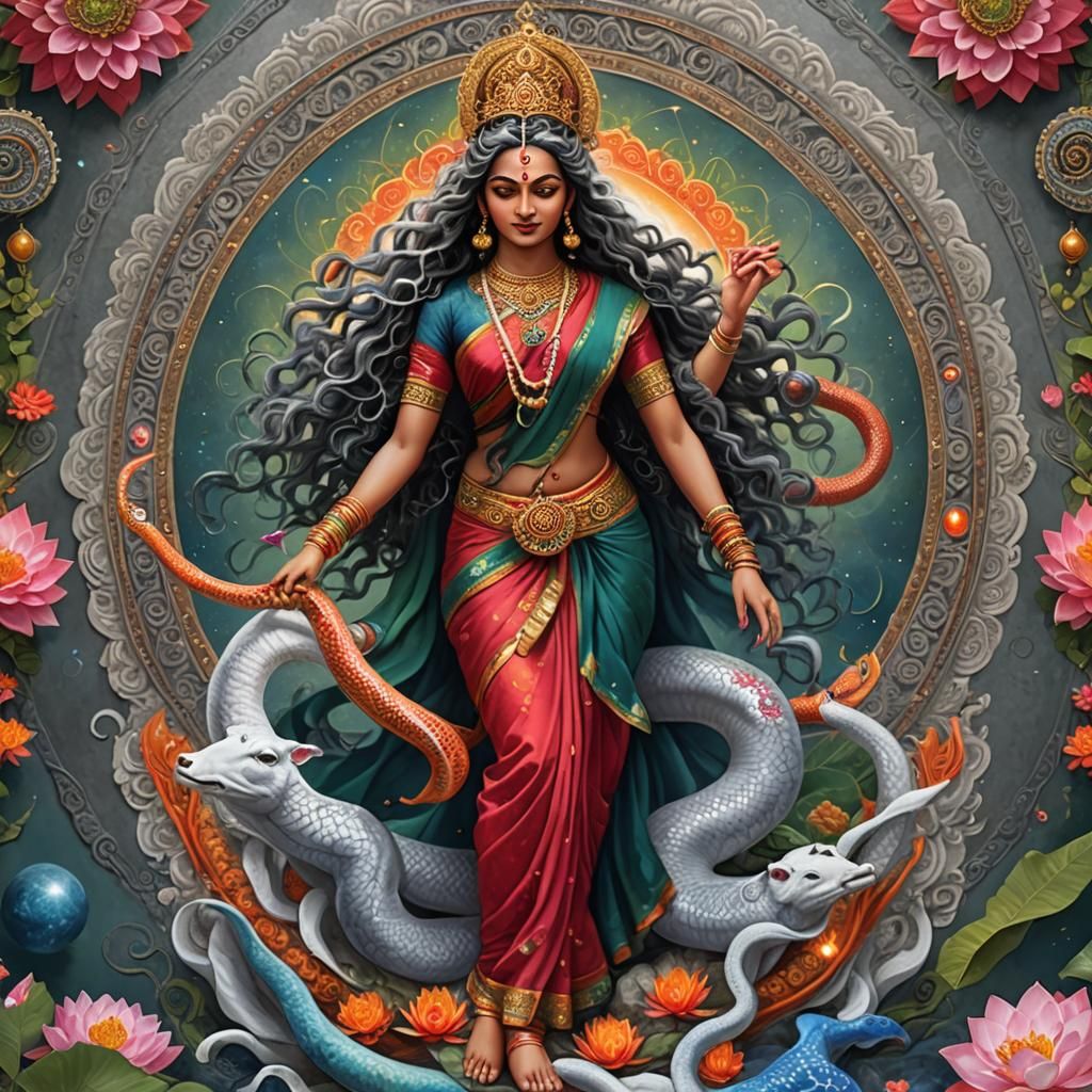 Hindu Goddess with Sitar in Cosmic Setting