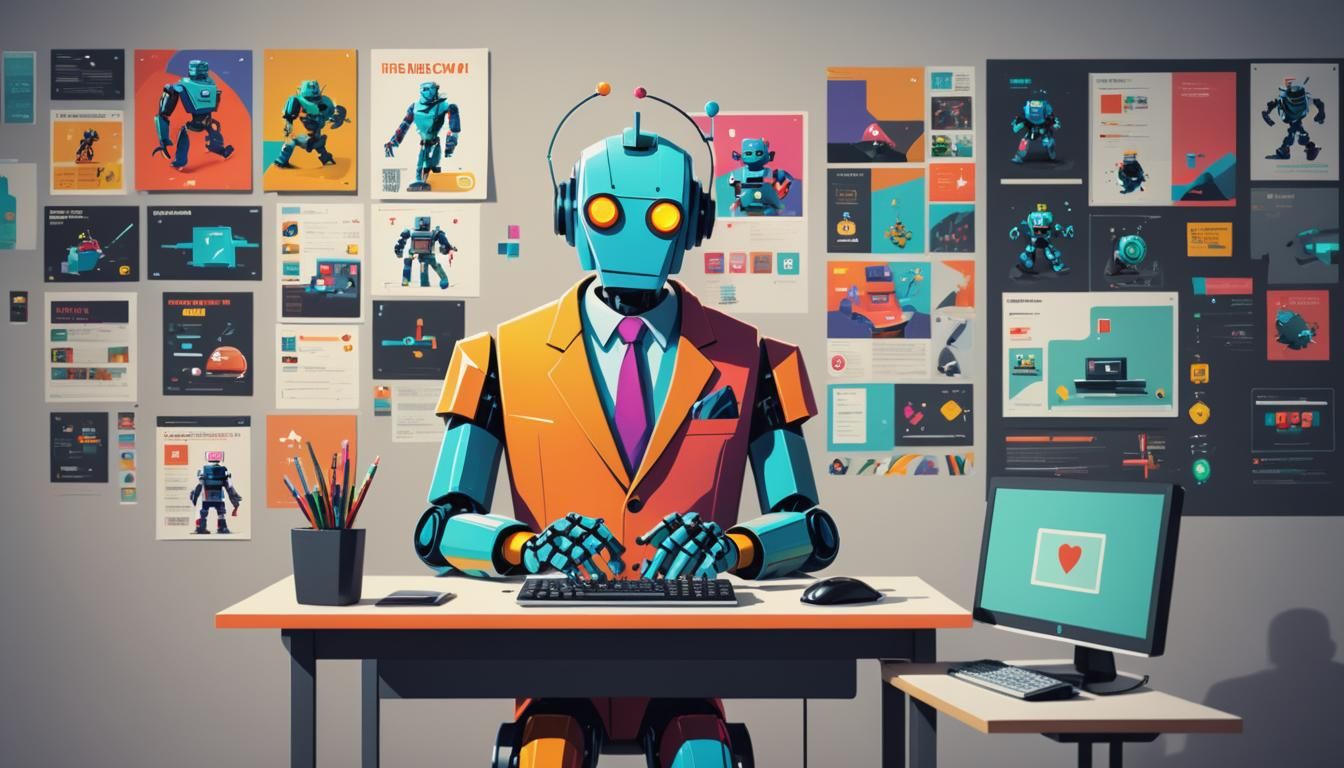 Robot in Suit Working: Minimalist Poster Art