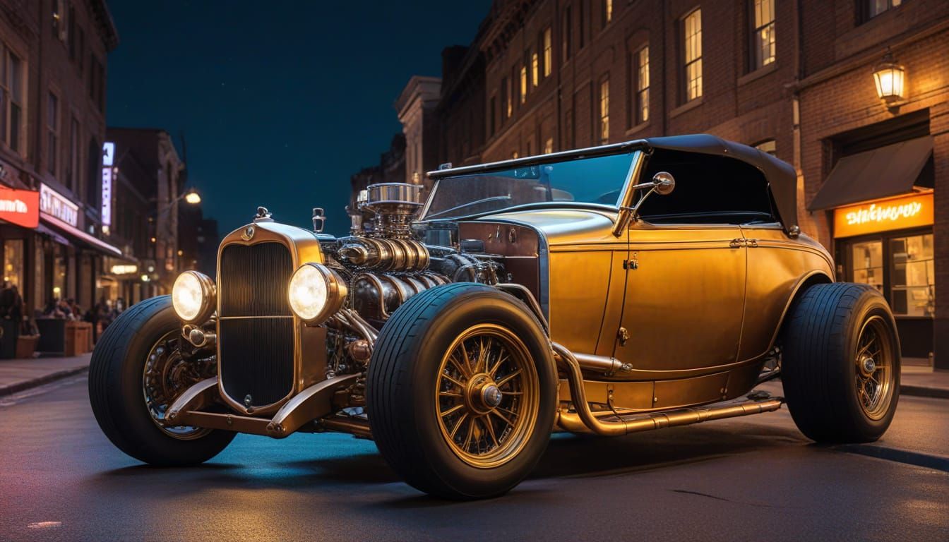 Steampunk Brass Hot Rod Convertible Under City Streetlights