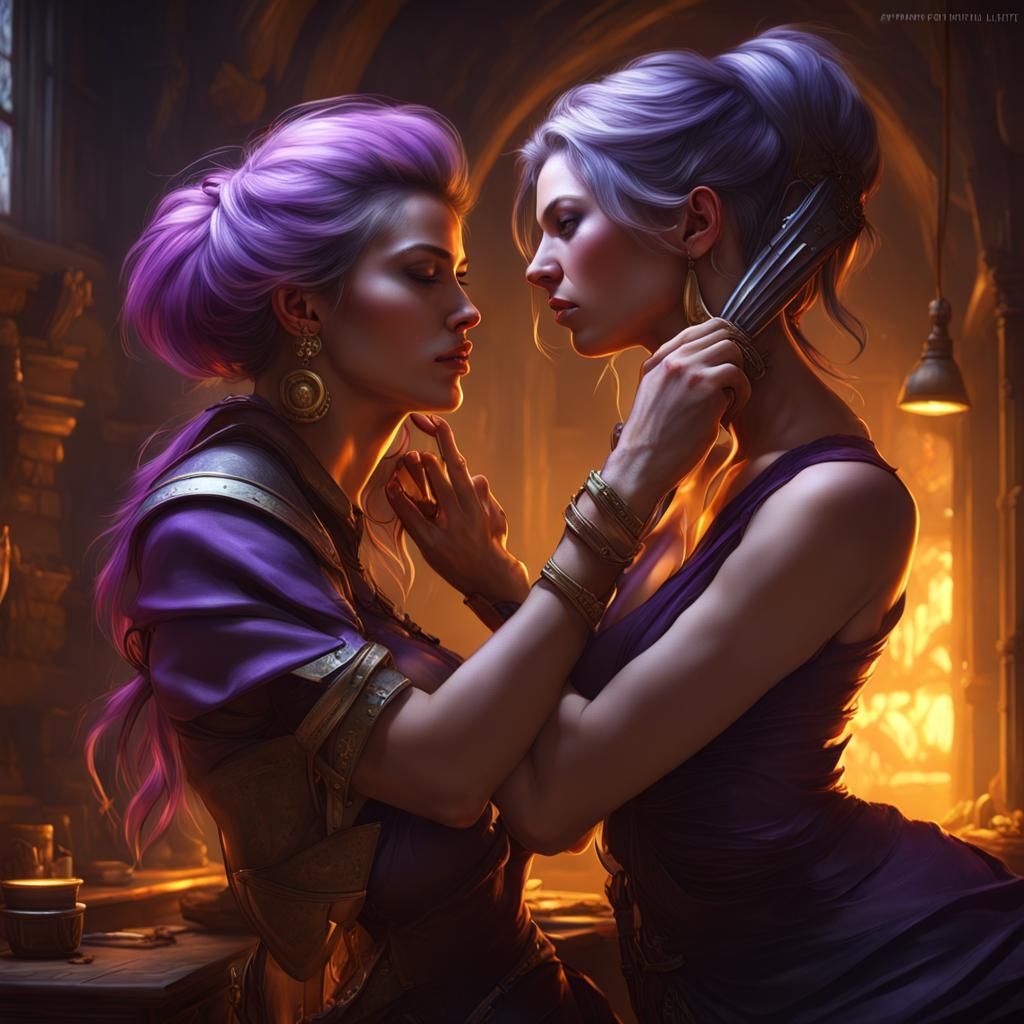 Fantasy Woman Lightly Spanks Girl's Ear: Hyperdetailed Art