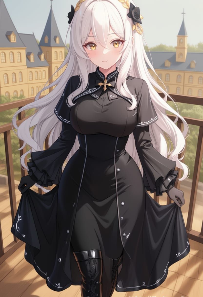 Woman with White Braid and Gold Eyes in Black Dress