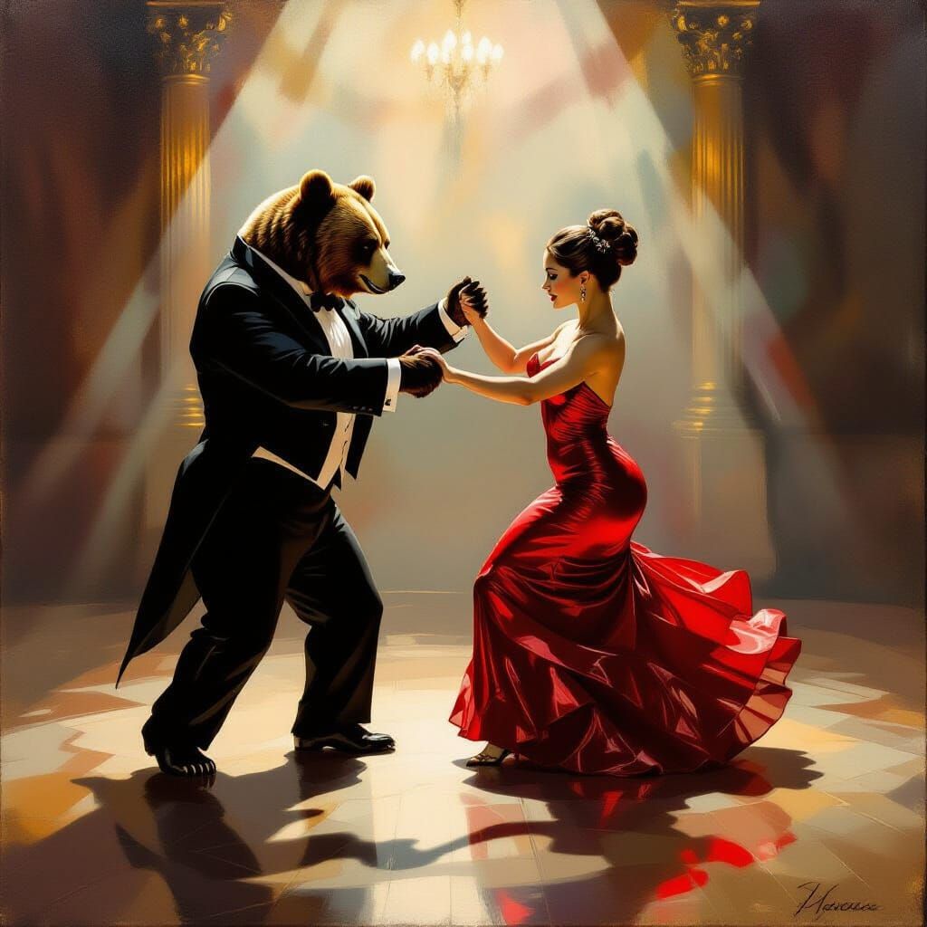 Grizzly Bears Tango in Opulent Ballroom Oil Painting