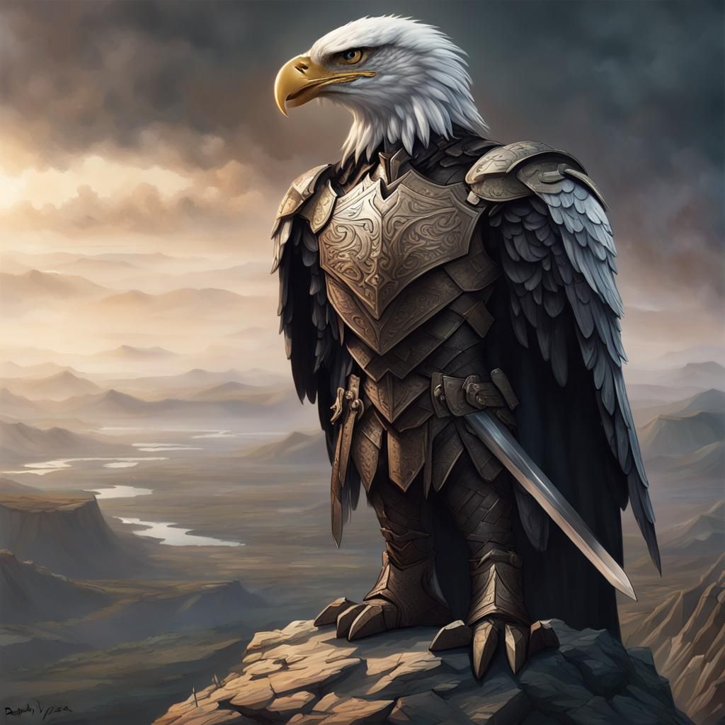Eagle Knight on Cliff in Vargas Style