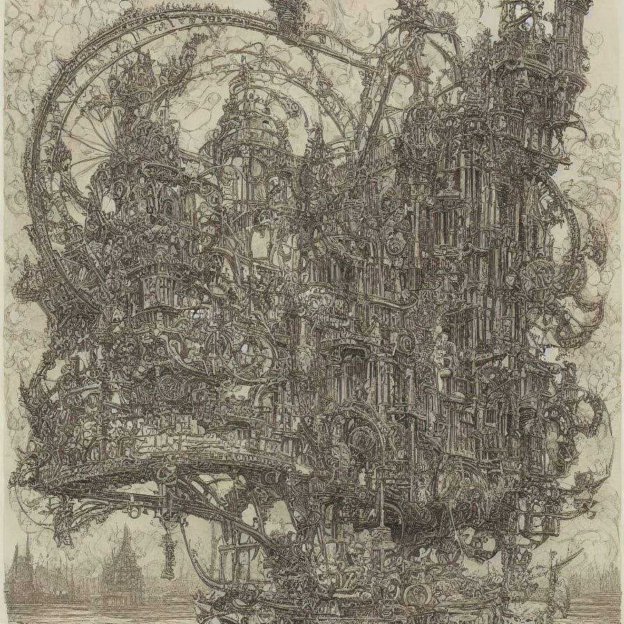 Fantastical Steampunk Airship in Victorian Illustration Styl...