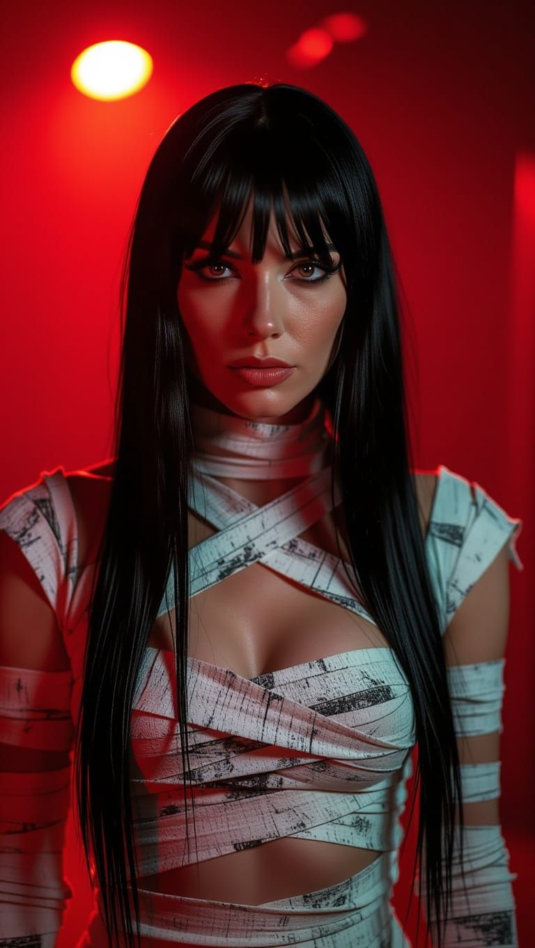 Jennifer Carpenter with Black hair, Fighting in an Egyptian Mummy costume. seen standing full height