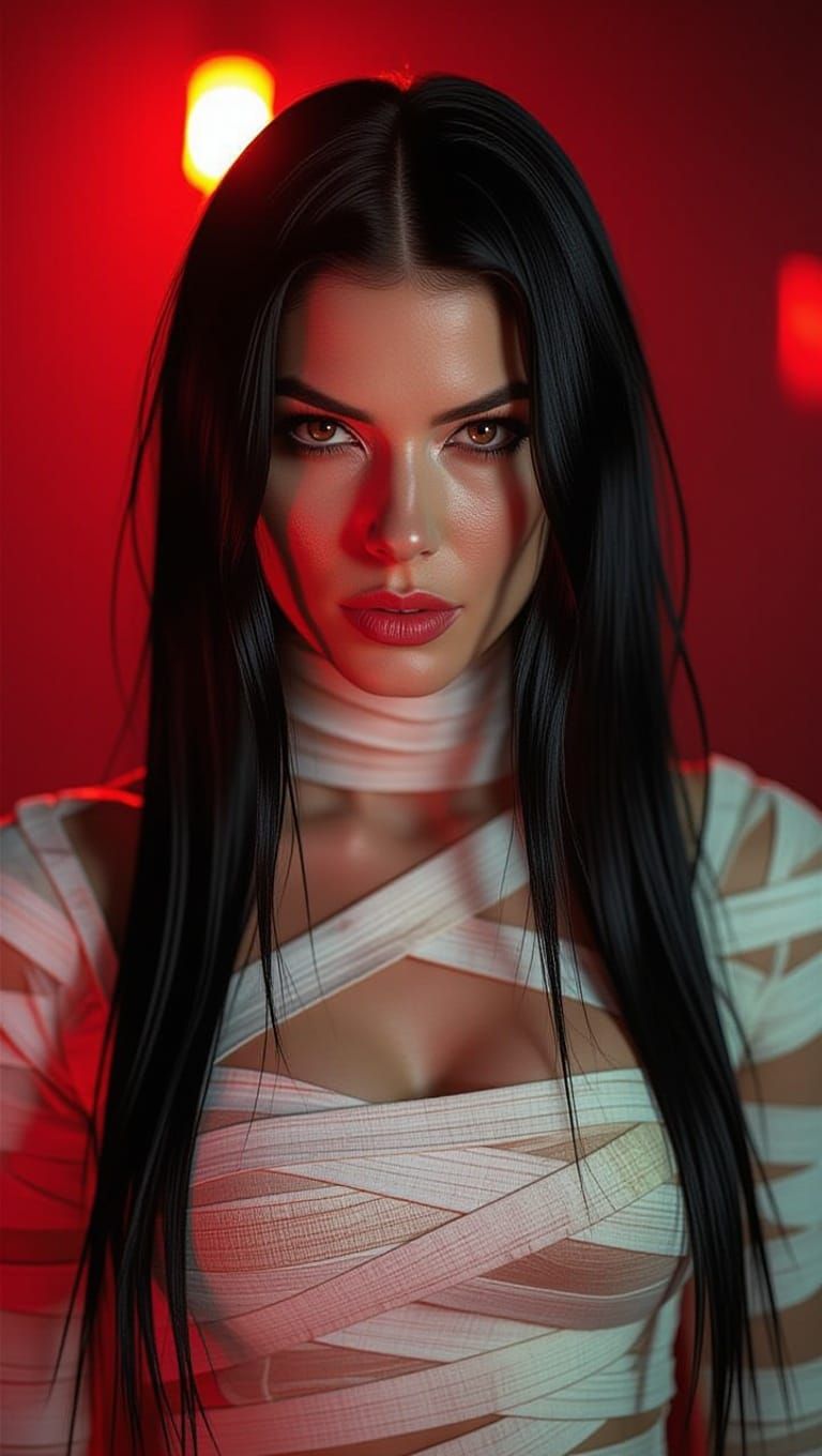 Jennifer Carpenter with Black hair, Fighting in an Egyptian Mummy costume. seen standing full height