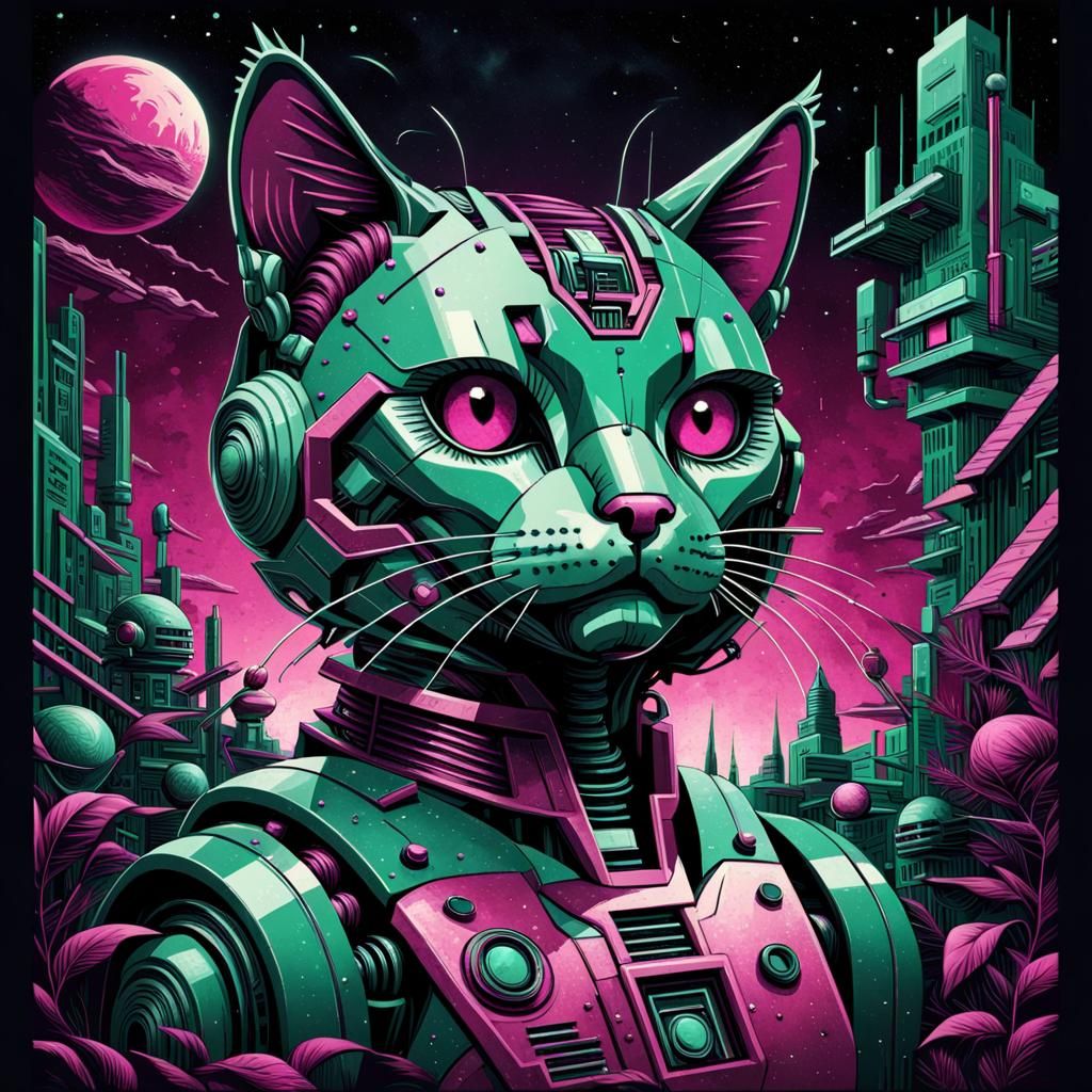 futuristic robot cat Dan Mumford green and magenta bauhaus collage depth of field Behance HD cosmic dark academia art de...