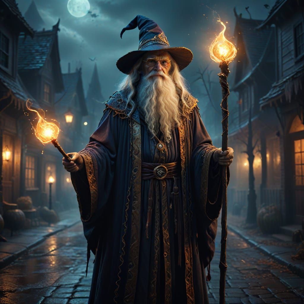 Wise Wizard in Halloween Costume with Glowing Staff on Spook...