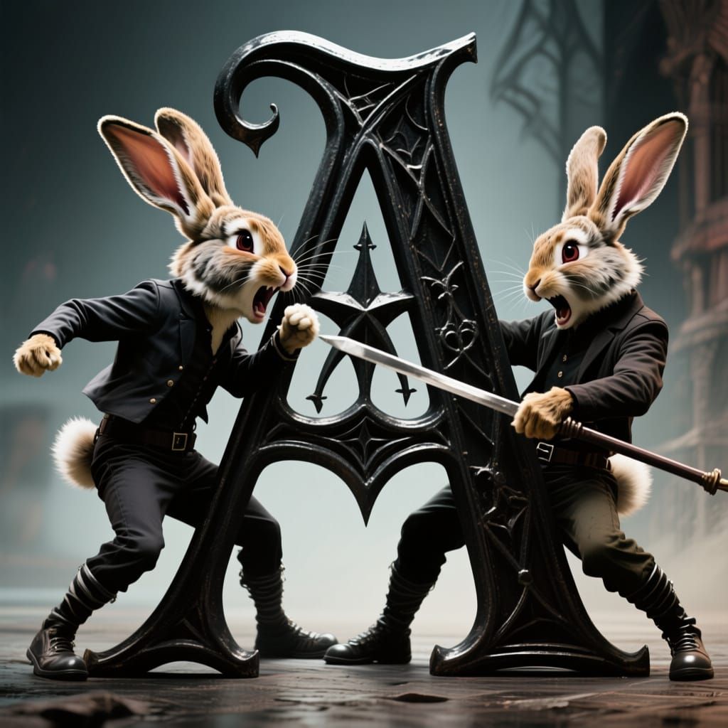 Anarchist Anthromorphic Rabbits  are aggressively interacting with a huge gothic letter A