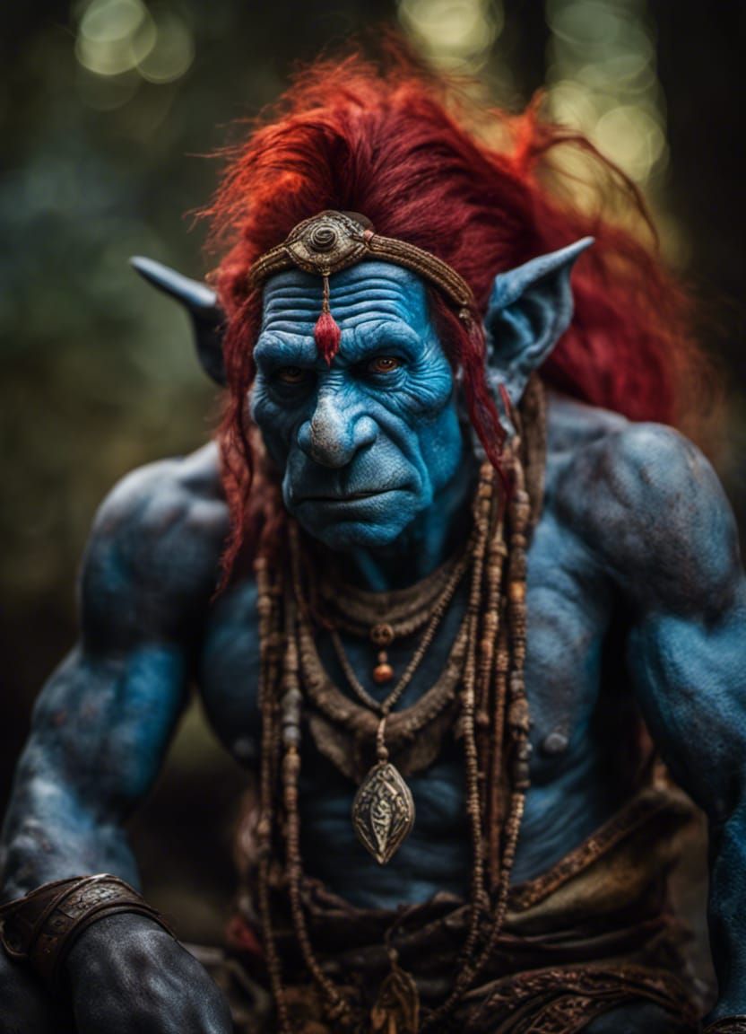 Photorealistic Blue-Skinned Troll Portrait in 8k
