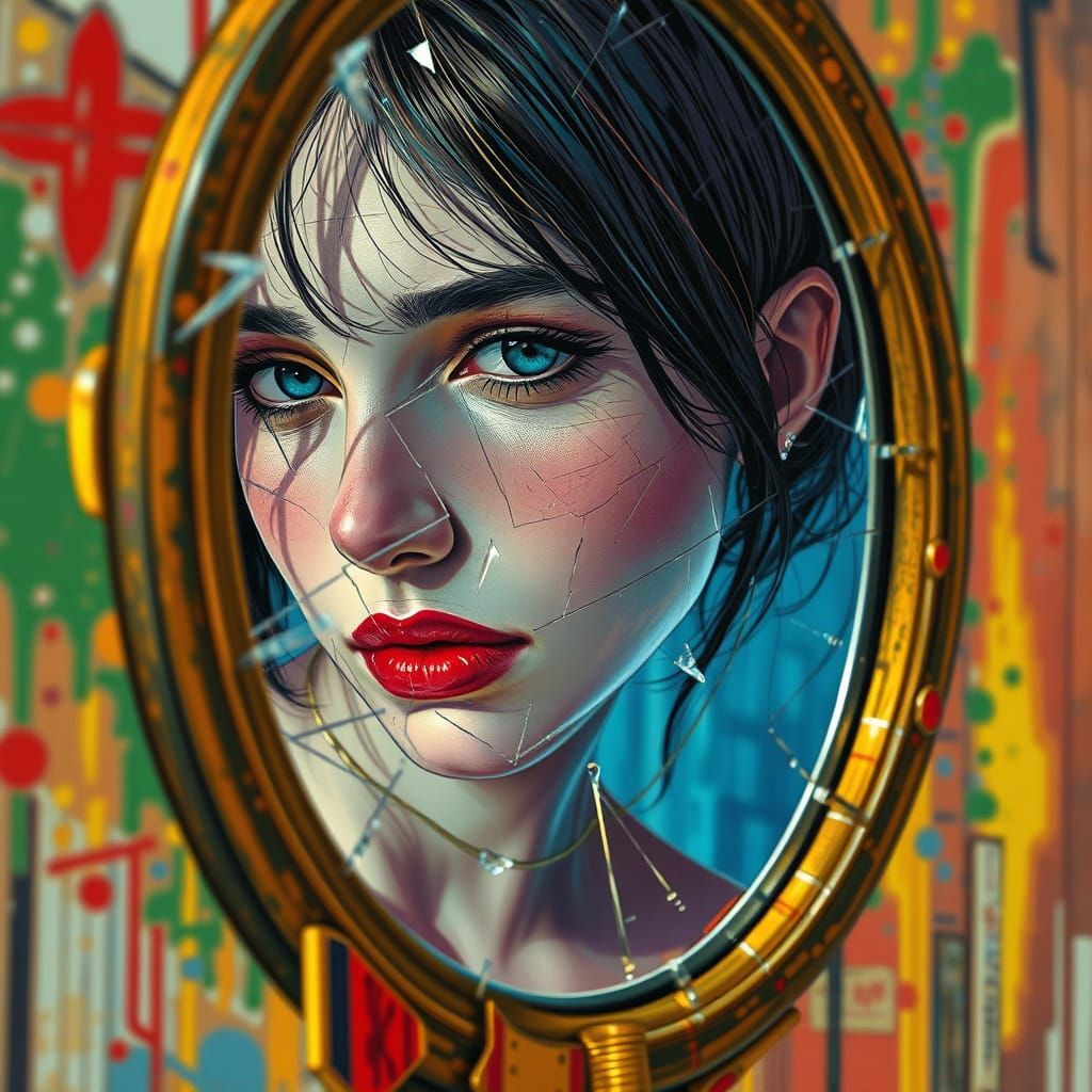Shattered Mirror Reflection of Young Woman in Splash Art