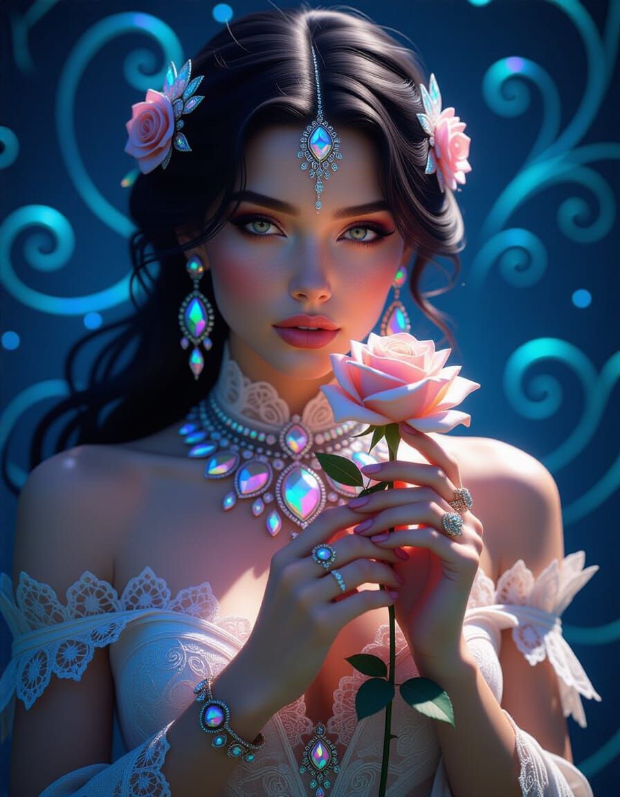 Hyper-Realistic Woman with Rose and Iridescent Jewelry