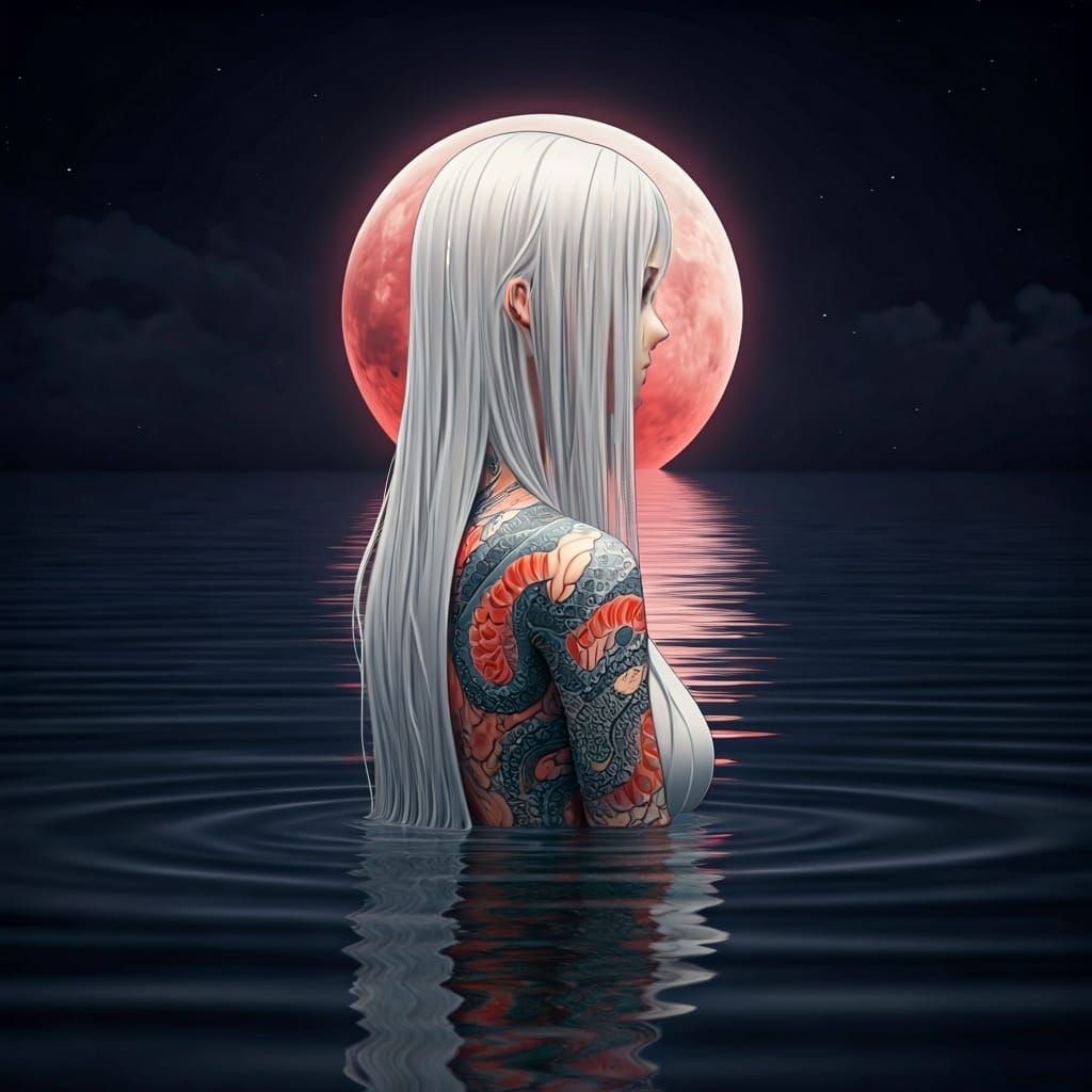 Woman with Snake Tattoo Swimming Under Blood Moon