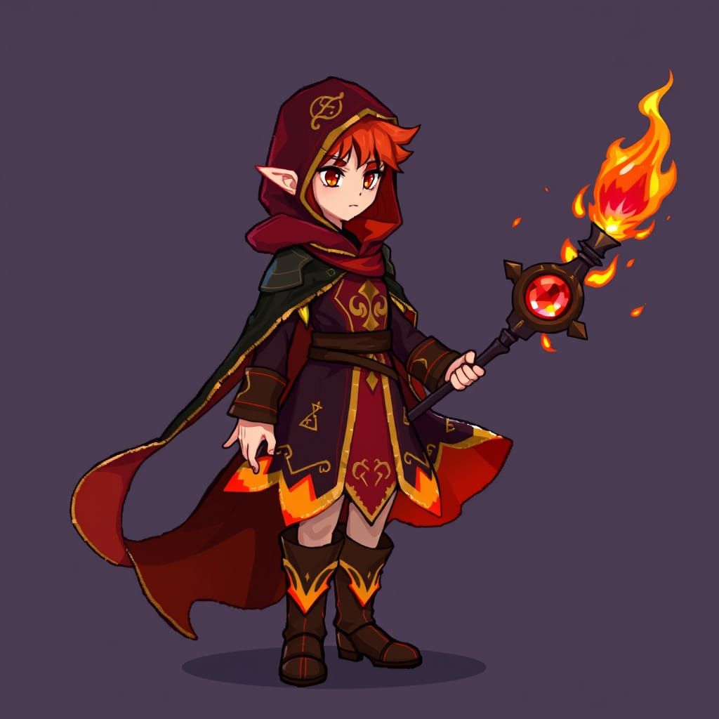 Pixel Art Fire Mage with Fiery Hair and Runes