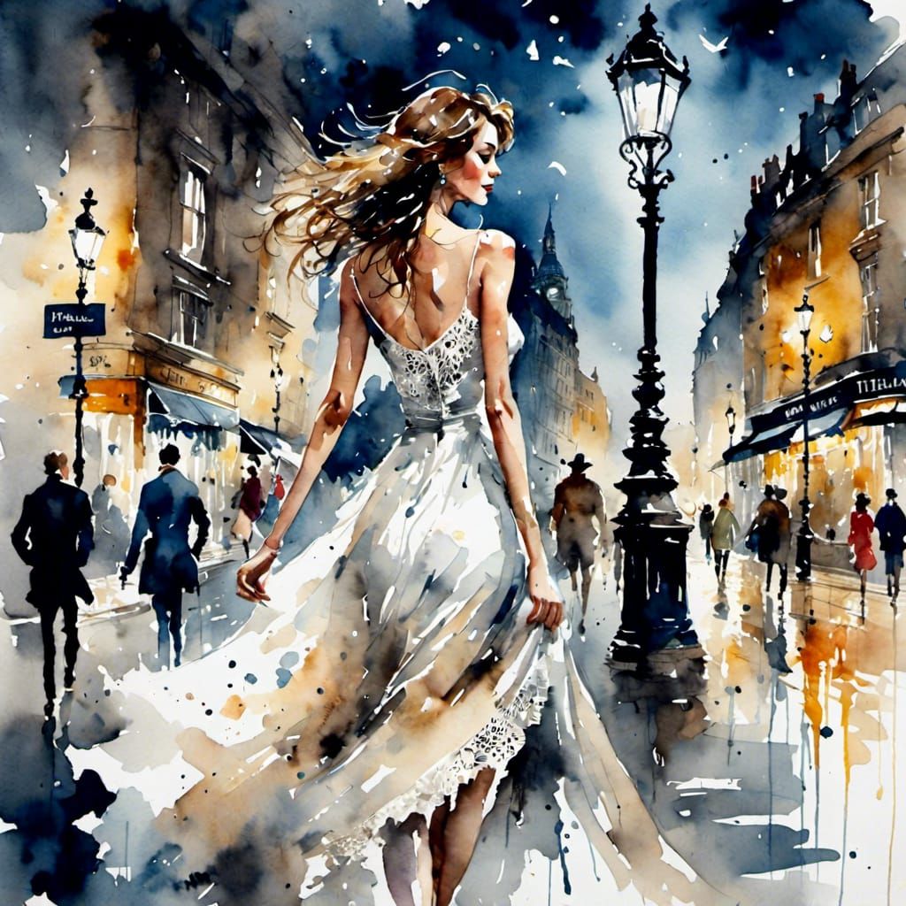 Woman in White Dress, Antique Watercolor London Street