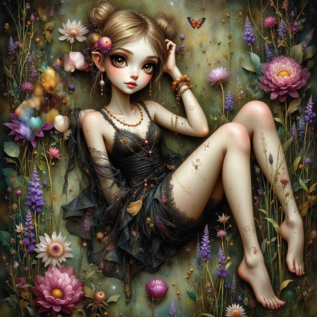 Tim Burton Style Woman in Violet Field