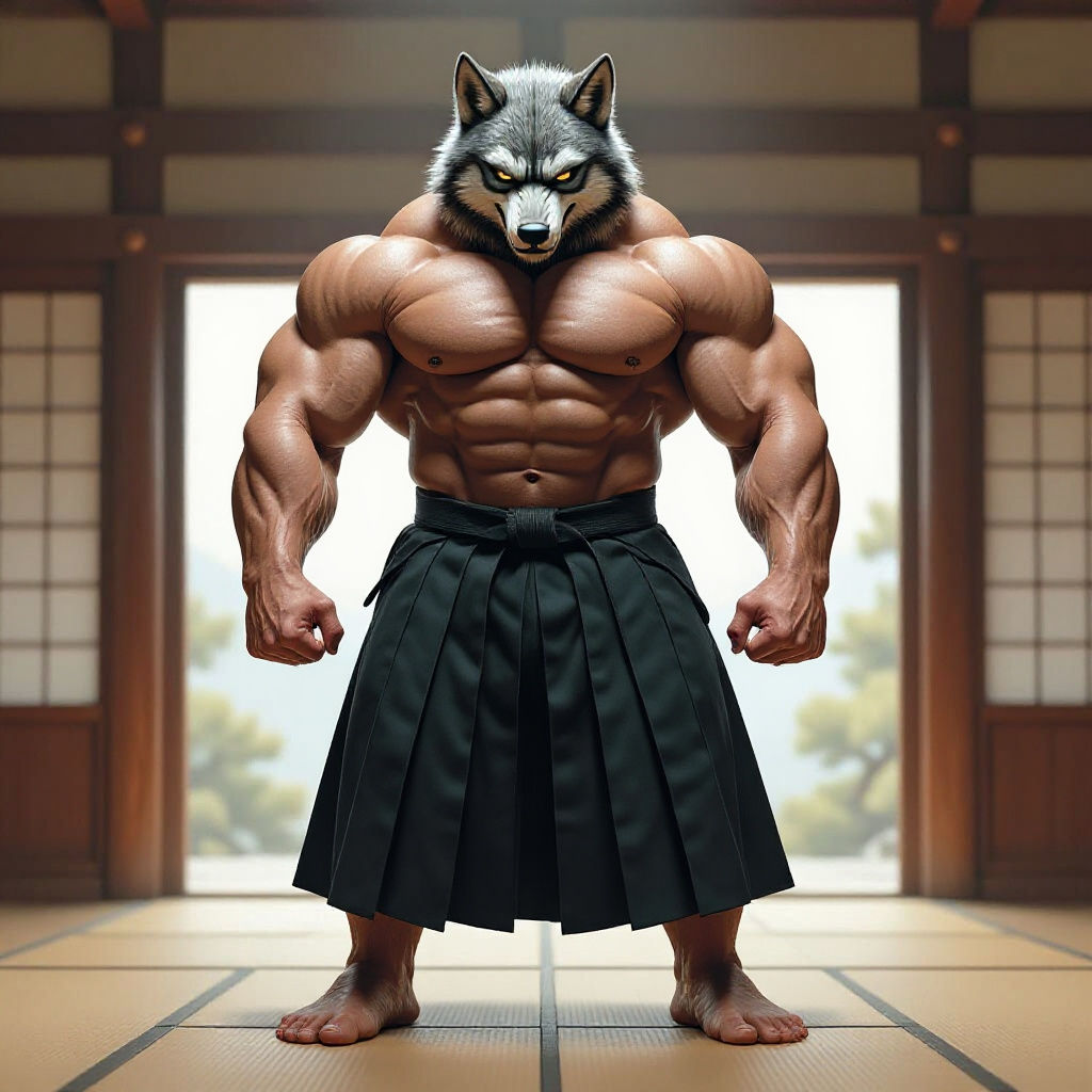 Muscular Aikido Wolf in Dojo, Digital Matte Painting