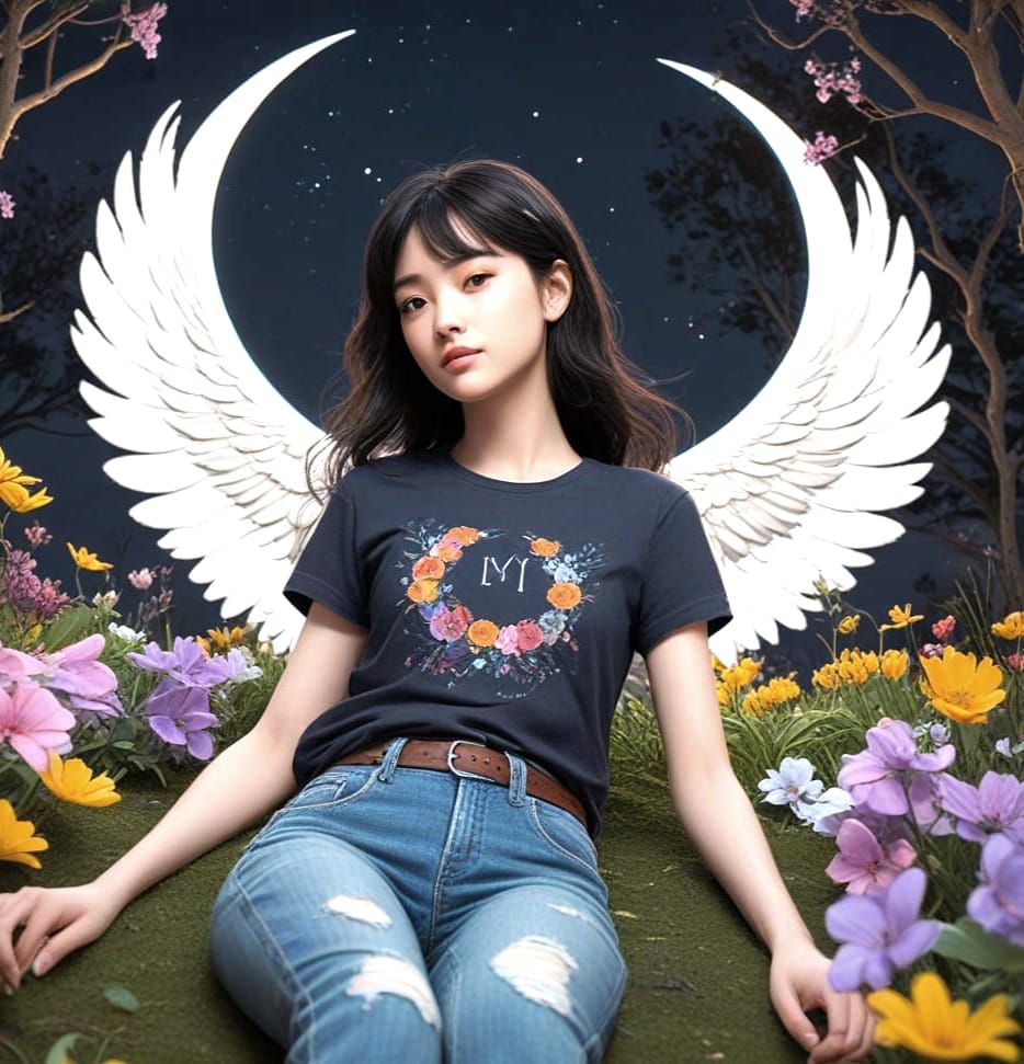 Girl with Wings Sleeping on Crescent Moon in Anime Style