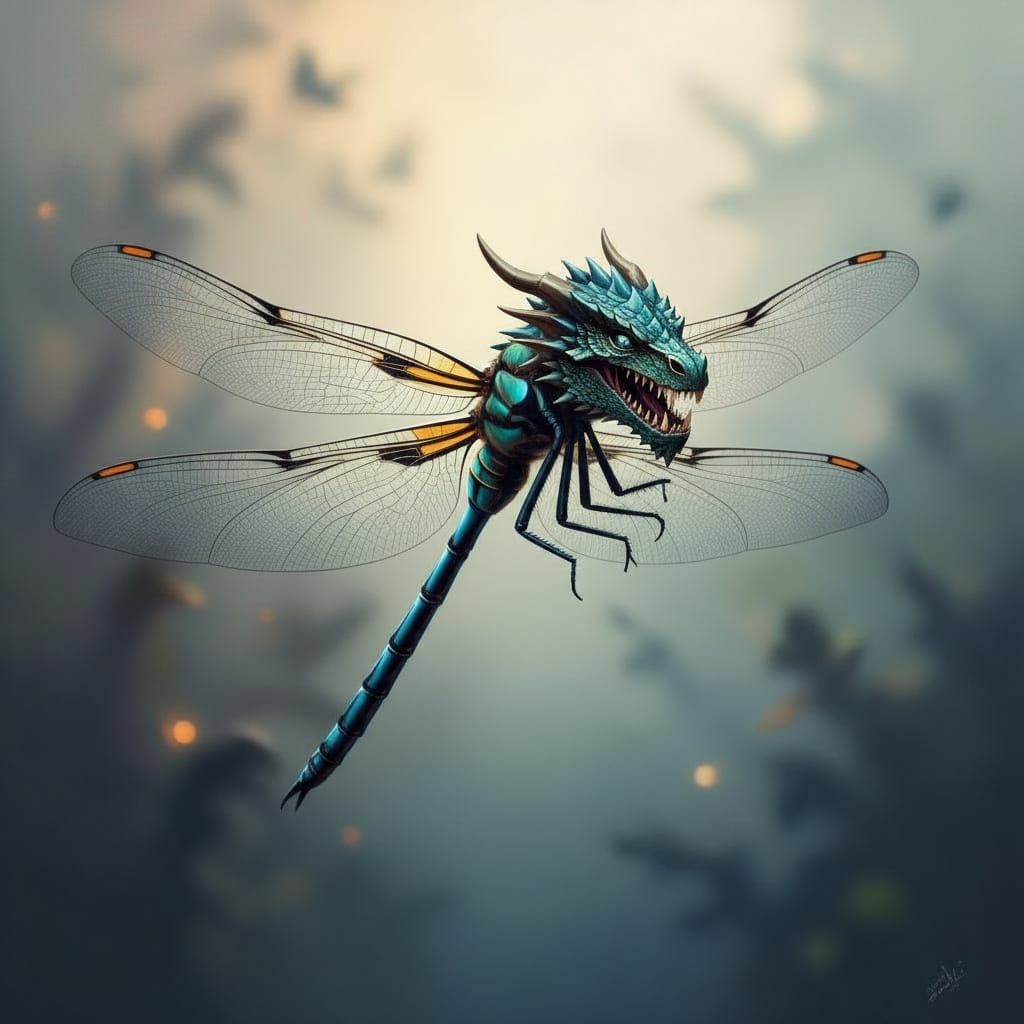 Dragonfly with Dragon Head, Hyperrealistic Digital Art