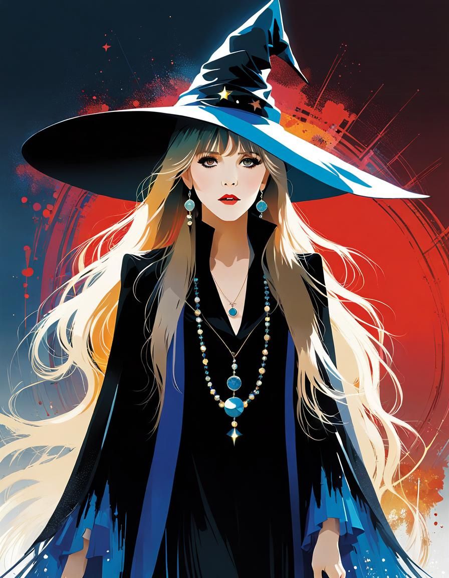 Stevie Nicks in Witch Hat: Anime-Style Illustration