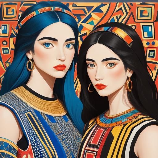 Cubist Portrait of Minoan Women with Vibrant Background